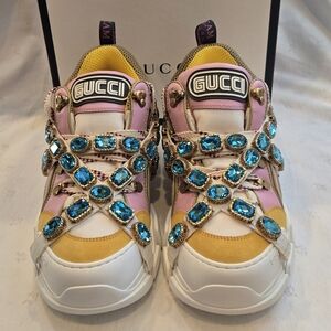 NIB Gucci Flashtrek Sneakers- Pink and Gold w/ Blue Jewels Size 40